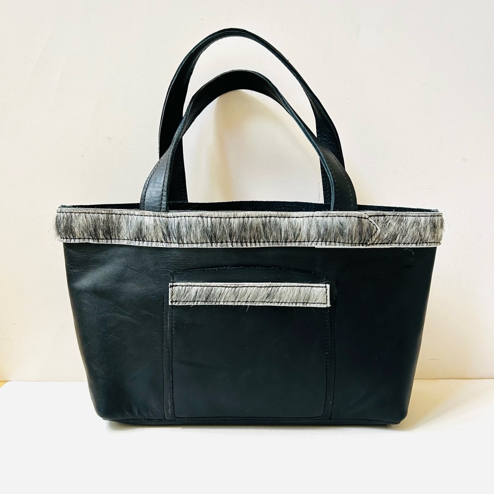 Artisan Made Leather & Fur Medium Size Tote Like New Black Thick Supple Leather
